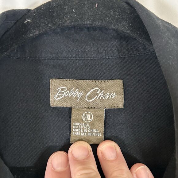 Bobby Chan Silk Shirt Men's XXL Solid Black Button Up Short Sleeve Pocket - Picture 4 of 7